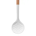Premium white silicone slotted spoon with ergonomic natural wooden handle for cooking - Slotted Spoon