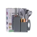 Silicone kitchen utensil set with wooden handles and storage holder, durable and heat resistant. - 19-Piece Set / Light Gray