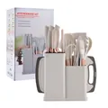 Silicone kitchenware set with knife holder, wooden handle spatula spoon and cutting board. - 19-Piece Set / White