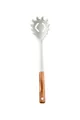 White silicone pasta server with ergonomic wooden handle for non-stick cookware usage - Pasta Server