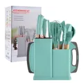 Mint green silicone kitchenware set with wooden handles, knife holder and cutting board. - 19-Piece Set / Lake Green