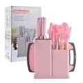 Pink 19-piece silicone kitchenware set with knife block holder, spatulas, and cutting board. - 19-Piece Set / Pink