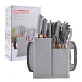 Silicone kitchenware set with storage holder and cutting board, durable modern grey design. - 19-Piece Set / Light Gray