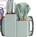 19-piece silicone kitchen utensil set with wooden handles, knife holder and cutting board. - 19-Piece Set / Light Green