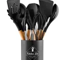 14-piece black silicone kitchen utensil set with natural wood handles and storage bucket. - 12pcs Set / Black