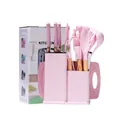 Pink silicone kitchenware set with wooden handle and storage bucket for daily kitchen cooking use. - 19-Piece Set / Pink