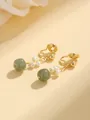 Elegant gold clip-on earrings with green jade beads and pearls, spiral non-pierced design - Spherical Pearl He Tian Jade Clip-on Earrings / Mosquito Coil Ear Clip / Light Green