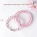 Set of natural pink crystal beaded bracelet with silver bow charm and pink bangle. - Bangle 54mm / Solid Bow Decor Pink