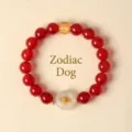 Natural red agate beaded bracelet with white agate peace buckle and golden zodiac dog charm - Zodiac Dog / 10mm