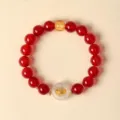 Natural red agate beaded zodiac bracelet with white agate buckle and golden dragon charm - Zodiac Dragon / 10mm