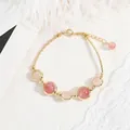 Elegant pink quartz and strawberry quartz beaded bracelet with 14k gold plated chain for women - One Size / Strawberry Quartz and Rose Quartz Style