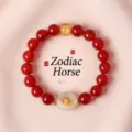 Natural red agate bead bracelet with white agate safety buckle and gold zodiac horse charm - Zodiac Horse / 10mm