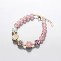 Multicolor strawberry quartz crystal beaded bracelet with gold-toned bezel settings - Strawberry Quartz Chain Bracelet / 8mm / Pink