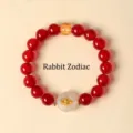 Red agate beaded bracelet with white agate peace buckle and gold rabbit charm - Zodiac Rabbit / 10mm