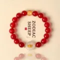 Natural red agate beaded bracelet with white agate peace buckle and gold sheep charm - Zodiac Sheep / 10mm