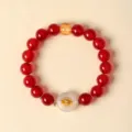 Red agate beaded bracelet with white agate buckle and golden zodiac pig charm - Zodiac Pig / 10mm