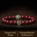 Red cinnabar bead bracelet with Hetian jade and Dragon Snake zodiac charm pendant - Zodiac Dragon/Snake - Samantabhadra / 8mm
