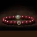Cinnabar bracelet with Hetian jade bead and Horse zodiac Mahasthamaprapta charm, red - Zodiac Horse - Mahasthamaprapta / 8mm