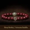 Red cinnabar bead bracelet with Hetian jade and Buddhist zodiac guardian symbol - Zodiac Goat/Monkey - Vairocana / 8mm
