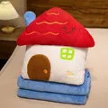 Lindo cojín de peluche 2 en 1 en forma de casita con suave manta azul coral - Casa de Techo Rojo / 100x190cm