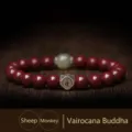 Red cinnabar bead bracelet with Hetian jade and Buddhist silver charm bead for Sheep Monkey - Zodiac Goat/Monkey - Vairocana / 10mm