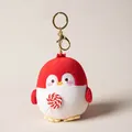 Cute red plush penguin keychain holding a red and white spiral lollipop charm - 10cm / Red