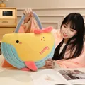 Bolsa de manta y almohada de peluche de ballena amarilla y azul con bordado Lucky y asas - Pequeño (Desplegado 1x1,5m) / Amarillo Limón