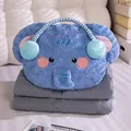 Conjunto de almohada elefante de peluche azul y manta gris para viajes u oficina - 38x35cm (Desplegado 1x1.5m) / Patrón de Elefante Azul