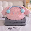 Adorable almohada de peluche rosa con auriculares y manta de verano gris plegable - 38x35cm (Desplegado 1x1.5m) / Conejo Rosa