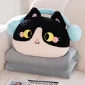 Almohada de gato de peluche con auriculares azules y manta gris para la oficina - 80x100cm (0.35kg) / Gato negro