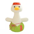 Detail view of cute white plush duck doll featuring a red headband and green textured wrap - Success Duck / 26cm