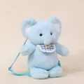 Cute light blue plush elephant backpack with adjustable straps and floral bib detail. - Elephant with Blue Plaid
