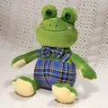 Cute green frog plush doll wearing blue plaid overalls and a bowtie - Blue Grid Frog / 28cm
