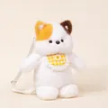 Adorable white fluffy cat plush backpack featuring yellow checkered bib and floral accent - Calico Cat with Yellow Plaid