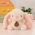 Süßer weißer und rosa Plüschhase mit langen Ohren und braunem Anhänger als Schreibtisch-Deko - 15cm / Kaninchen