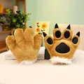 Zachte bruine pluche dierenpoot handschoenen met zwarte klauwen en witte faux bont trim - Leeuw Klauwhandschoenen / Grootte zoals Afgebeeld / Tan