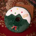 Festive green Christmas themed plush donut cushion with white fuzzy icing and gold embroidery - Christmas Wreath / 40CM