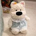 Cute white Westie plush toy doll wearing a lovely blue checkered lace dress for kids - Clothed Style / Westie / 45cm