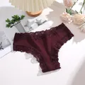 Elegant burgundy cotton bikini panties with delicate floral lace trim detail for women - Grape Purple