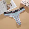Tanga en coton bleu clair côtelé avec ceinture élastique lettrée LOVE pour femme - Bleu gris