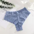 Elegant dusty blue floral lace mid-waist thong for women with breathable mesh design - Purple Blue