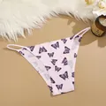 Detailed view of pink ice silk seamless panties with purple butterfly print pattern - Pink Butterfly