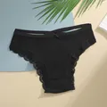 Black ribbed cotton low-waist bikini panties with lace trim and sweet bow detail - S / Black