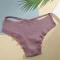 Elegant mauve ribbed cotton women's panty with decorative lace trim and dainty bow detail - S / Khaki