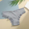 Elegant grey ribbed cotton low-waist panties featuring intricate lace trim and a cute bow - S / Heather Grey