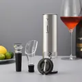 Rechargeable electric wine opener set with metallic finish and accessories displayed on gray background - 4-Piece Set / Stainless Steel Silver