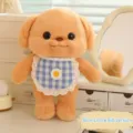 Cute butter poodle plush toy wearing a blue checkered bib with daisy detail - Blue Plaid Bib Style / 30cm