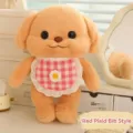 Cute butter-colored poodle plush toy wearing a pink checkered bib with flower detail - Red Plaid Bib Style / 30cm