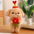 Cute butter poodle plush toy wearing party hat and holding a smiley flower - Love Everyday Style / 30cm
