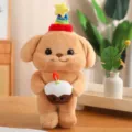 Cute butter poodle dog plush toy holding birthday cake, soft stuffed animal gift for kids - Happy Birthday Style / 30cm